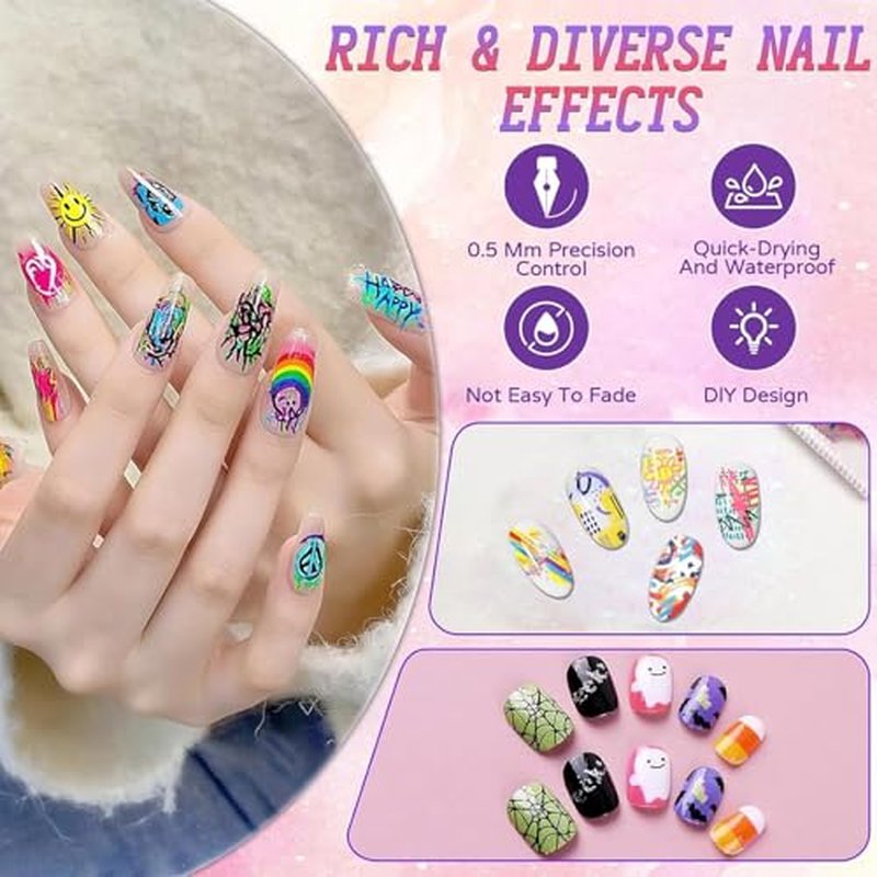 12 Colors Nail Art Pens Set, Fine Tips 0.5mm Nail Paint Pens - Quick-Dry 3D Nail Art Markers, Dotting Nail Design Pens For Nails Art Design Manicure Nail Diy Decoration (24 Colors)