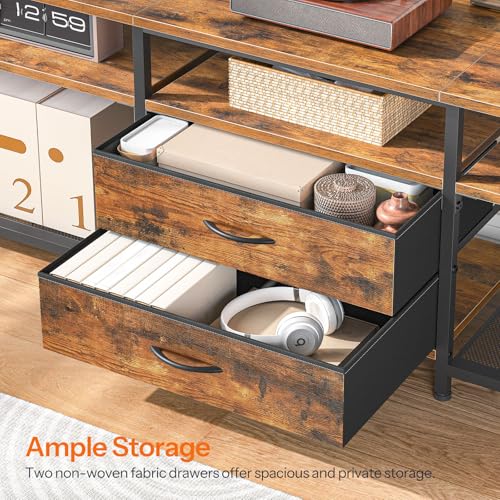 HOOBRO 55.1 Inch Rustic Brown Black TV Stand with Power Outlet and LED Light - Fits 65 Inch TVs