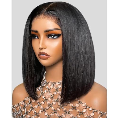 Arabella 12 Inch Natural Black Human Hair Bob Wig, 6x6 Lace Closure, Pre-Cut & Glueless
