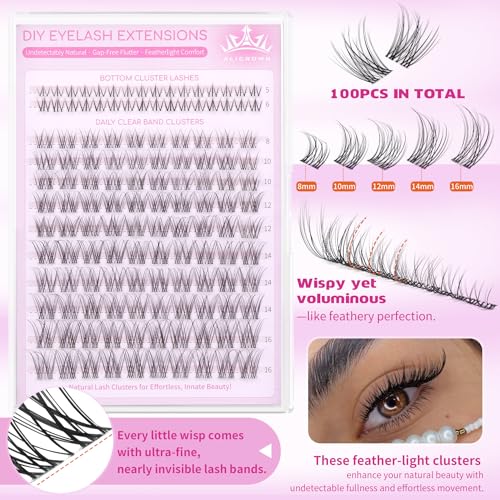 Natural Lash Clusters Wispy Lash Extensions with Bottom Lashes Clean Girl Makeup C Curly Eyelash Clusters with Invisible Band DIY Individual Lashes 132Pcs No Makeup Look
