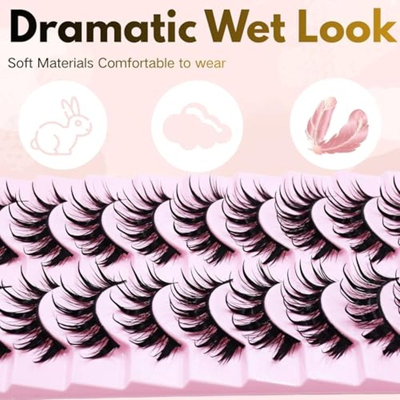 Anime Manga Style Cat Eye False Eyelashes 10 Pairs Wet Look C-Curl Spiky Makeup Lashes with Cotton Band for Cosplay, Daily Wear & Party