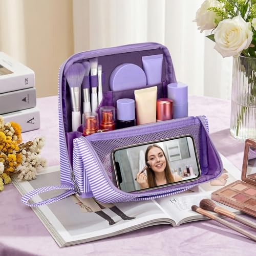 Striped Makeup Bag Large Cosmetic Bags for Women Gift with Brush Loops Mesh Pocket Wrist Strap Travel Organizer Storage Pouch Toiletry Case with Divider for Mirror(Lavender)