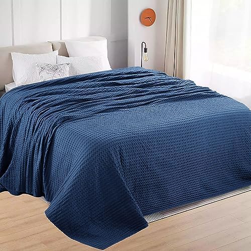 Oversized King Cotton Blanket - 120x120 Inches Blue - Soft Breathable Waffle Bed Cover