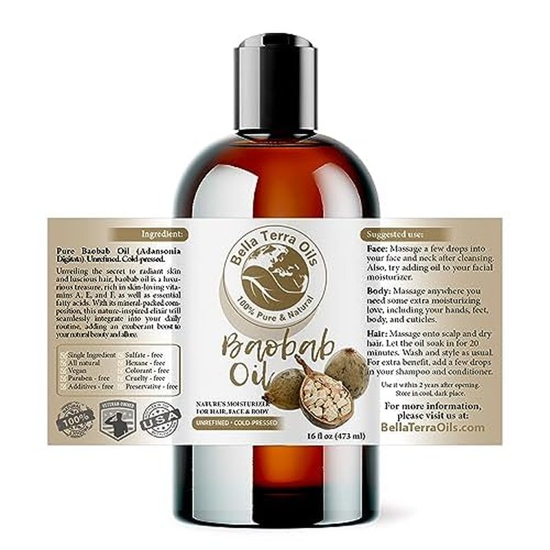 Bella Terra Oils - Baobab Oil 16oz - The Ultimate Choice for Skin Hydration, A Symphony of Amino Acids & Essential Minerals for Your Skin