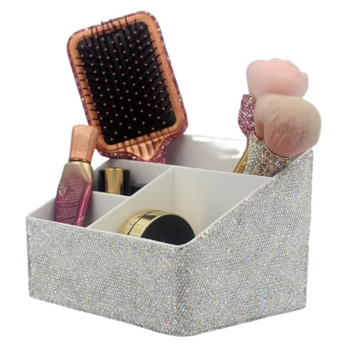 Luxury Bling Rhinestone Multi-functional Organizer Storage? Large Capacity makeup Brushes Lipsticks Storage Box with Compartments for Living Room. Bedroom and office (Siver)