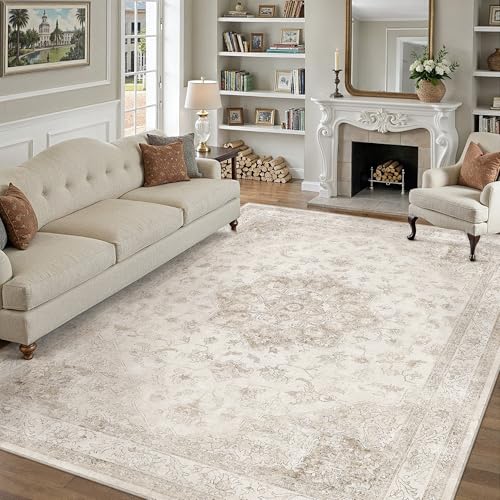 PureCozy Beige Washable Area Rug 8x10 Low Pile Vintage Oriental Carpet