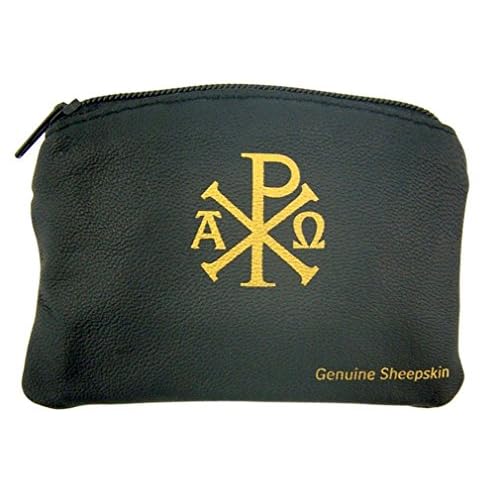 WJ Hirten Ava Maria and Chi Rho Cross Sheepskin Leather Rosary Case with Velvet Lining, Black, 3 1/4 Inch