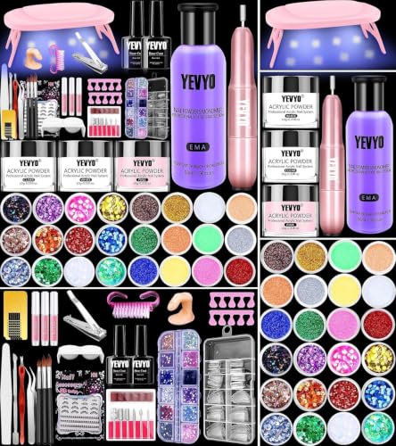 YEVYO 259pcs Acrylic Nail Kit with Drill & UV Light for Beginners - Glitter Powder, Tips & Tools