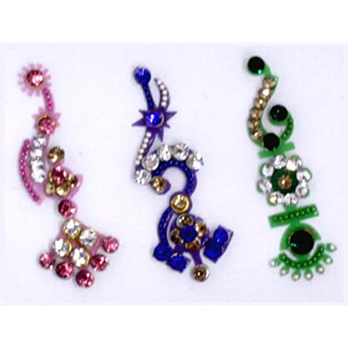 Bollywood Designer Bindis Premium Crystal Jewels Mettallic Bindi Stickers Tattoos Forehead Tika (Long)