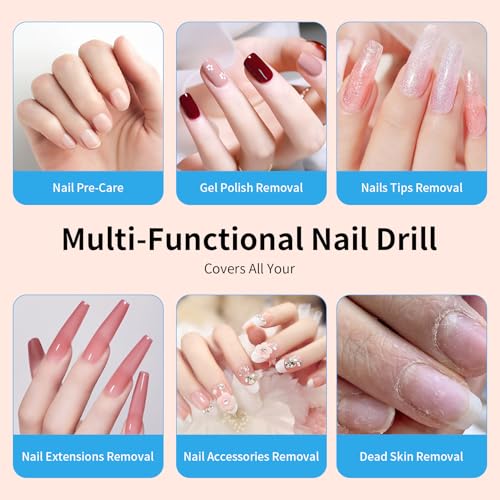 Electric Nail Drill Machine 45,000RPM - Professional Electric and Rechargeable Nail Drill with LCD Display, 6 Bits and 30 Sanding Bands, Low Heat Quiet E-File for Acrylic Gel Nails V9-3