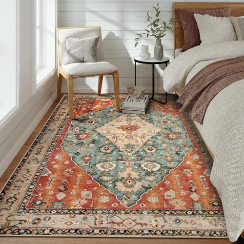 Boho Tribal 5x7 Washable Living Room Rug - Geometric Oriental Style, Non-Slip Entryway Carpet