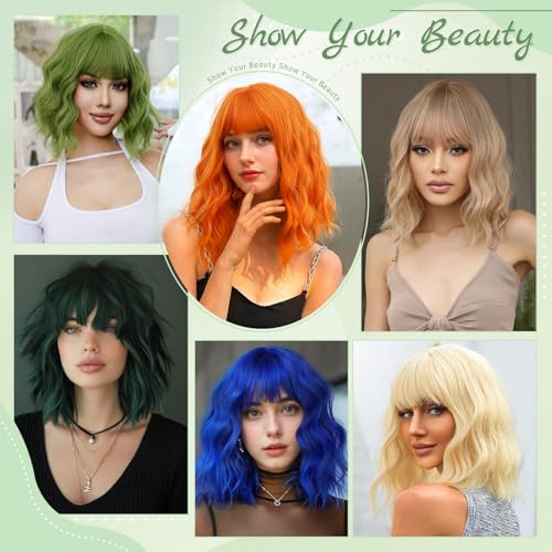NAYOO Dark Green Wavy Bob Wig with Bangs - 14 Inch Short Green Synthetic Hair for Daily Wear & Cosplay