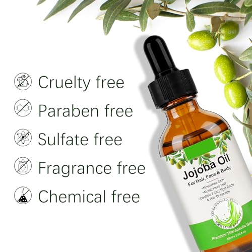Organic Jojoba Oil 60ml, 100% Pure & Natural Jojoba Oil for Hair, Face, Body & Nails, Moisturize Skin & Helps Fight Acne, Jojoba Oil Organic Cold Pressed Unrefined.(1Pack-2.02fl.oz)