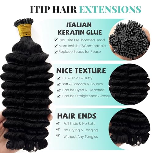 Ubetta Deep Wave I Tip Hair Extensions Human Hair 18 Inch - Pre Bonded Keratin for Black Women