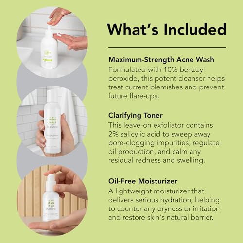 humane Maximum-Strength Acne Wash, Clarifying Toner, and Oil-Free Moisturizer Bundle - 10% Benzoyl Peroxide Acne Treatment