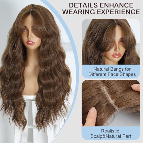 Highlight Brown Synthetic Wavy Wig with Curtain Bangs for Women - Natural Body Wave, 4x2