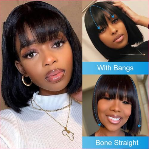 Black 10-Inch Human Hair Bob Wig with Bangs, Glueless Lace Cap, Straight Style - Variation of This Listing