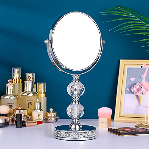 Hanjue Makeup Mirror, 360 Degree Swivel Vanity Mirror, Crystal Cosmetic Mirror, 1X/5X Magnifying Double Sided Mirror,Adjustable Makeup Mirror M020