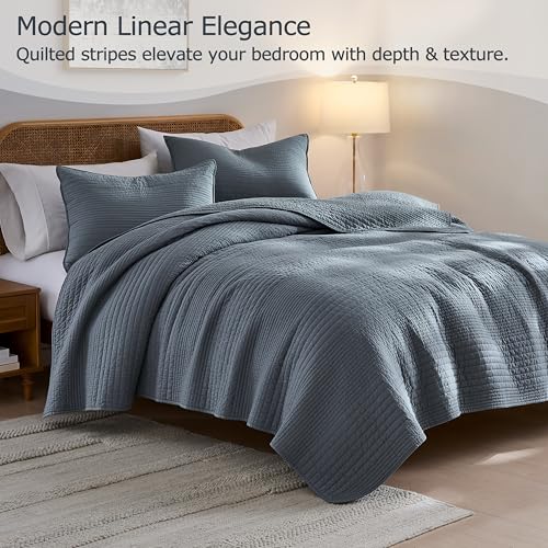 Palassio Blue Grey Striped Cotton Quilt Set California King Bedding with 2 Shams