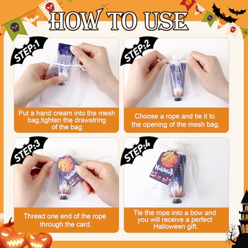 VESPRO 50 Sets Halloween Hand Cream Gift for Women, Hand Lotion for Halloween Party Favors with Halloween Cards and Organza Bags, Halloween Decorations and Bulk Halloween Gifts for Women