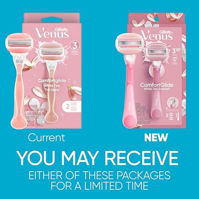 Gillette Venus ComfortGlide Razor for Women, White Tea Scented Gel Bars, Includes 1 Reusable Razor Handle + 2 Refills, Built-in Shave Gel Bars, Holiday Gifts for Women