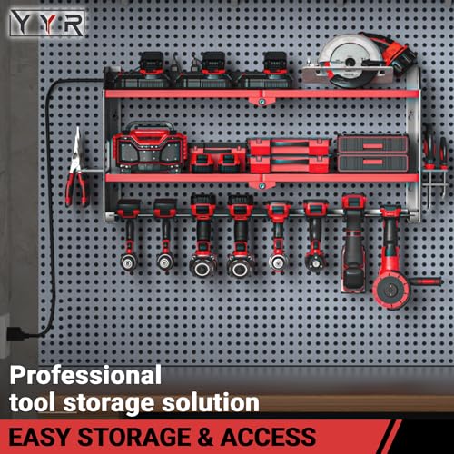 YYR Power Tool Organizer with Charging Station—Wall Mount, Surge Protected Power Strip, Red Shelf