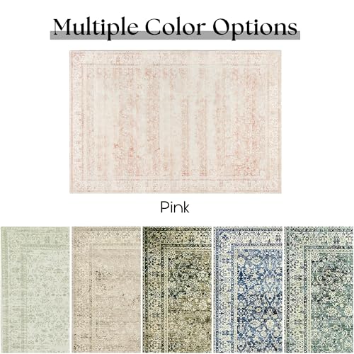 Pink 6x9 Boho Floral Bedroom Rug - Vintage Low Pile Area Rug for Nursery & Home