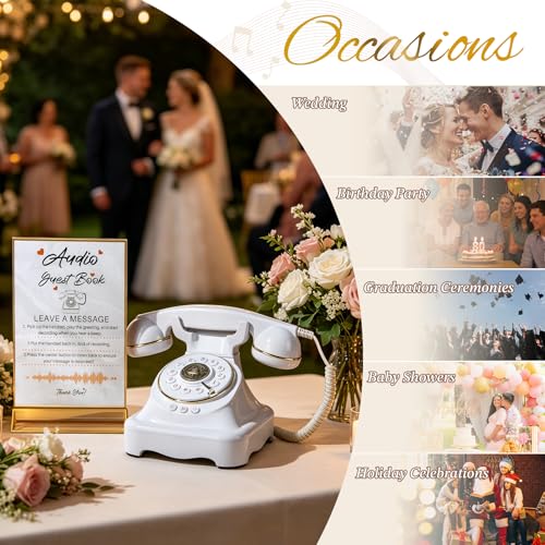FiayaCom Audio Guest Book Wedding Phone with One-Touch Playback & Adjustable Volume (White S)