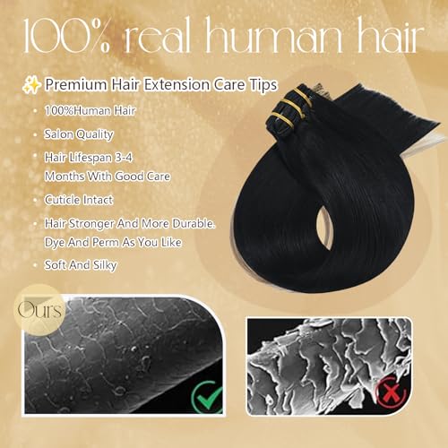 Clip-In Hair Extensions 12 Inches 7 Pieces - Jet Black Human Hair, Soft & Natural