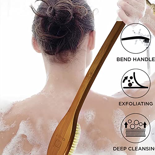 ICANdOIT 17.71 Inch Natural Boar Bristle Bath Brush with Pumice Set - Long Bent Handle, Anti-Slip Grip, 4 Pack