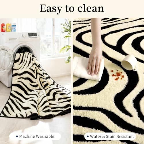 Zebra Round Area Rug 6ft - Non-Slip Washable Modern Circle Rug - Black & Cream