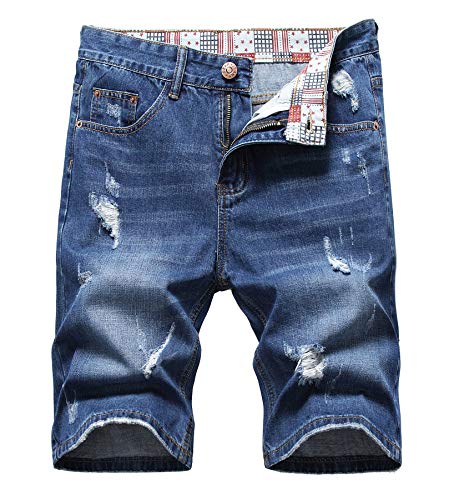 Men's Ripped Slim Fit Denim Shorts - Distressed Hole Design, Indigo Blue 36