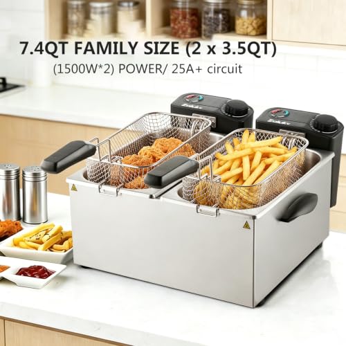ZALUKV 7.4QT Dual Tank Electric Deep Fryer with Oil Filtration & Viewing Window