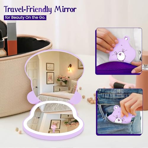 Purple Care Bears Share Bear LED Compact Mirror - 3X Magnification Travel Lighted Makeup Mirror with Adjustable Brightness and Touch Sensor