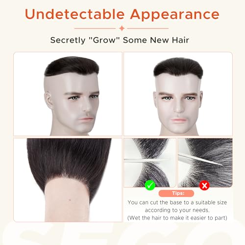SEGO Men's Human Hair Toupee V-Shape Hairpiece 1.57x7 Inches for Natural Hairline
