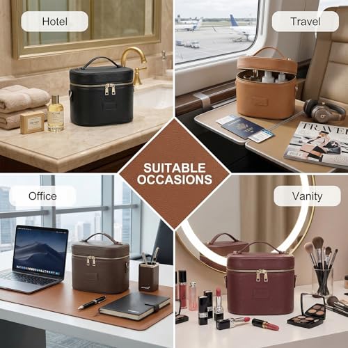 BAGOK Burgundy Leather Travel Makeup Organizer Bag with Removable Divider