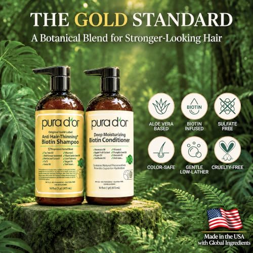 PURA D'OR Gold Label Biotin Shampoo & Conditioner Set Natural Earthy 16oz x2
