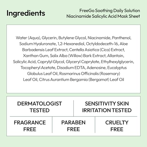 FreeGo Soothing Daily Solution Niacinamide Salicylic Acid Facial Mask Sheet (6-Pack) | K-Beauty Korean Skincare to Repaired Soothed Skin