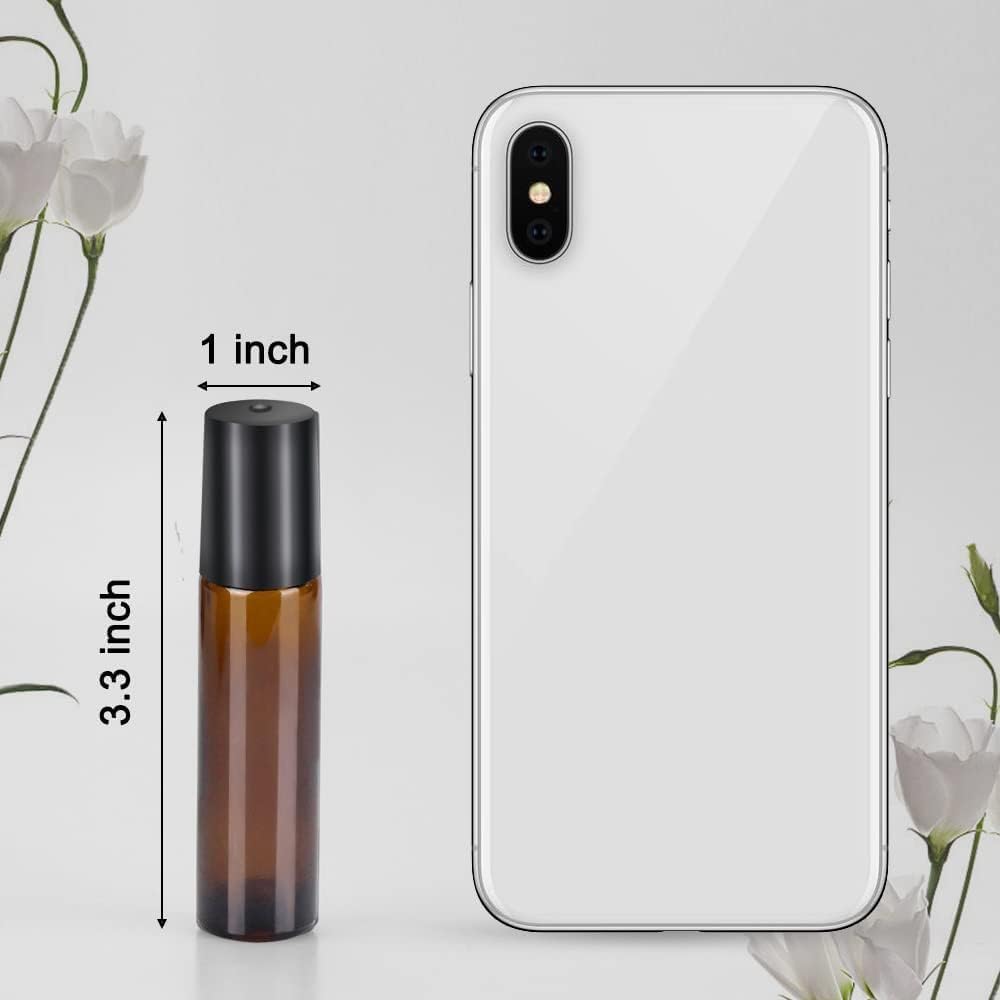 Sungwoo 10ml Amber Glass Essential Oil Roller Bottles Stainless Steel | 12 Pack, Roller Bottles, with Caps, for Travel, Perfume, Lip Gloss