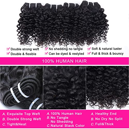 Iwig 8" Short Wavy Kinky Curly Human Hair Bundles with 4x4 Closure - Brazilian Virgin Human Hair Extensions, Natural Color, 6 Bundles + Closure