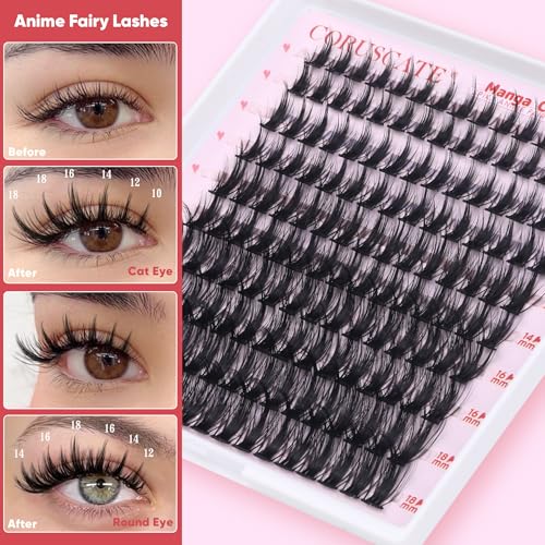 CORUSCATE Manga Lash Clusters Wispy Eyelash Clusters Fairy Anime Lashes Clusters Individual Natural Cluster Eyelash Extensions Asian Style C Curl Manhua Style 10-18mm DIY Wet Look Lash Extension