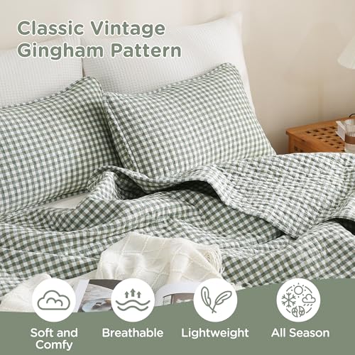 Gingham Quilt Set King Size - Green & Brown Cotton Linen-Like Bedspread