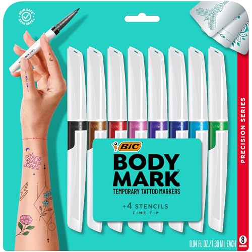 BIC BodyMark Temporary Tattoo Markers for Skin, Precision Series, Fine Tip, 8-Count Pack of Assorted Colors, Skin-Safe*, Cosmetic Quality