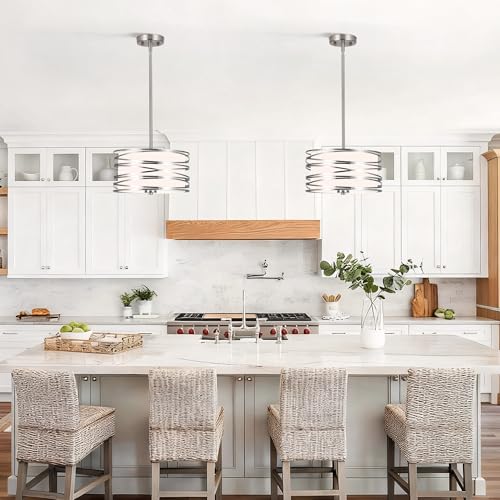 ACNKTZ 12.6'' Brushed Nickel Drum Pendant Light - 3-Light Hanging Chandelier for Kitchen & Dining