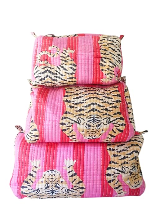 Travel Cosmetic Organizer Bag Set - Pink Fat Tiger Style, 3 Pieces