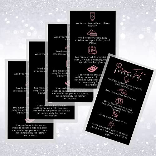 Boutique Marketing LLC Brow Tint Aftercare Card | 50 Pack | 2x3.5¡± inch Business Cards | Matte Black with Rosey Pink Design