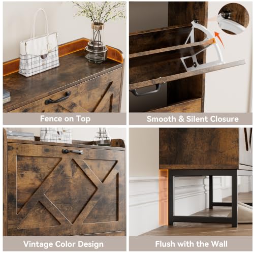 Nicetree Rustic Brown Shoe Storage Cabinet with 2 Flip Drawers - Farmhouse Entryway Organizer