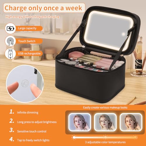 Travel Makeup Bag with LED Mirror - Detachable Brush Storage, Black 001