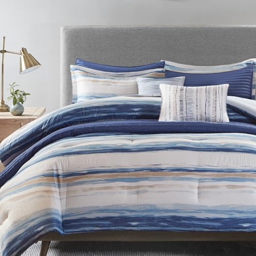 King Marina Coastal Stripes Blue Comforter Set - 8PC Microfiber Bedding