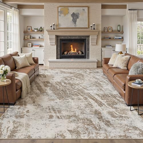 8x10 Brown Abstract Washable Area Rug Non-Slip Indoor Carpet - Modern Home Decor